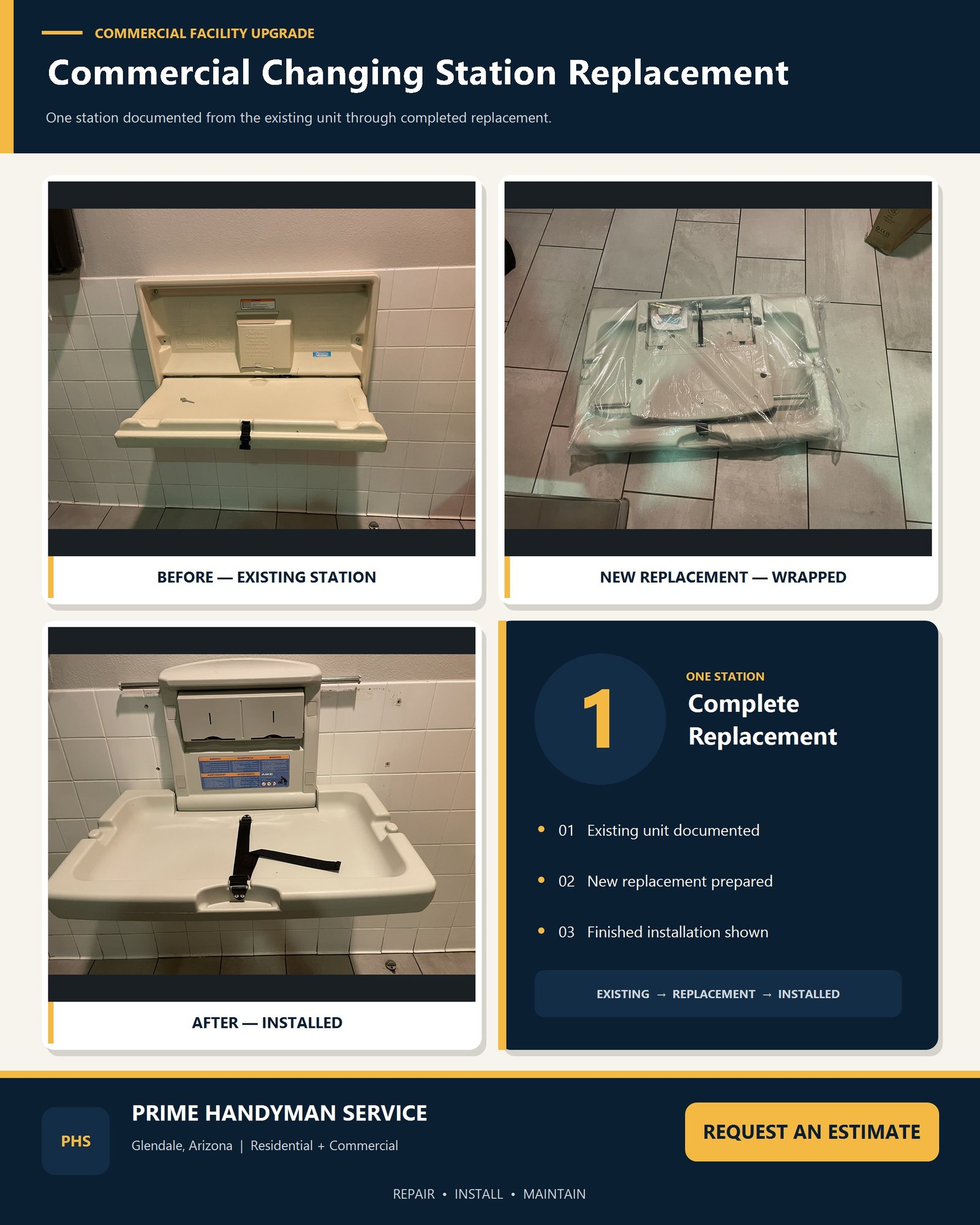 Commercial changing-station replacement before and after project photos