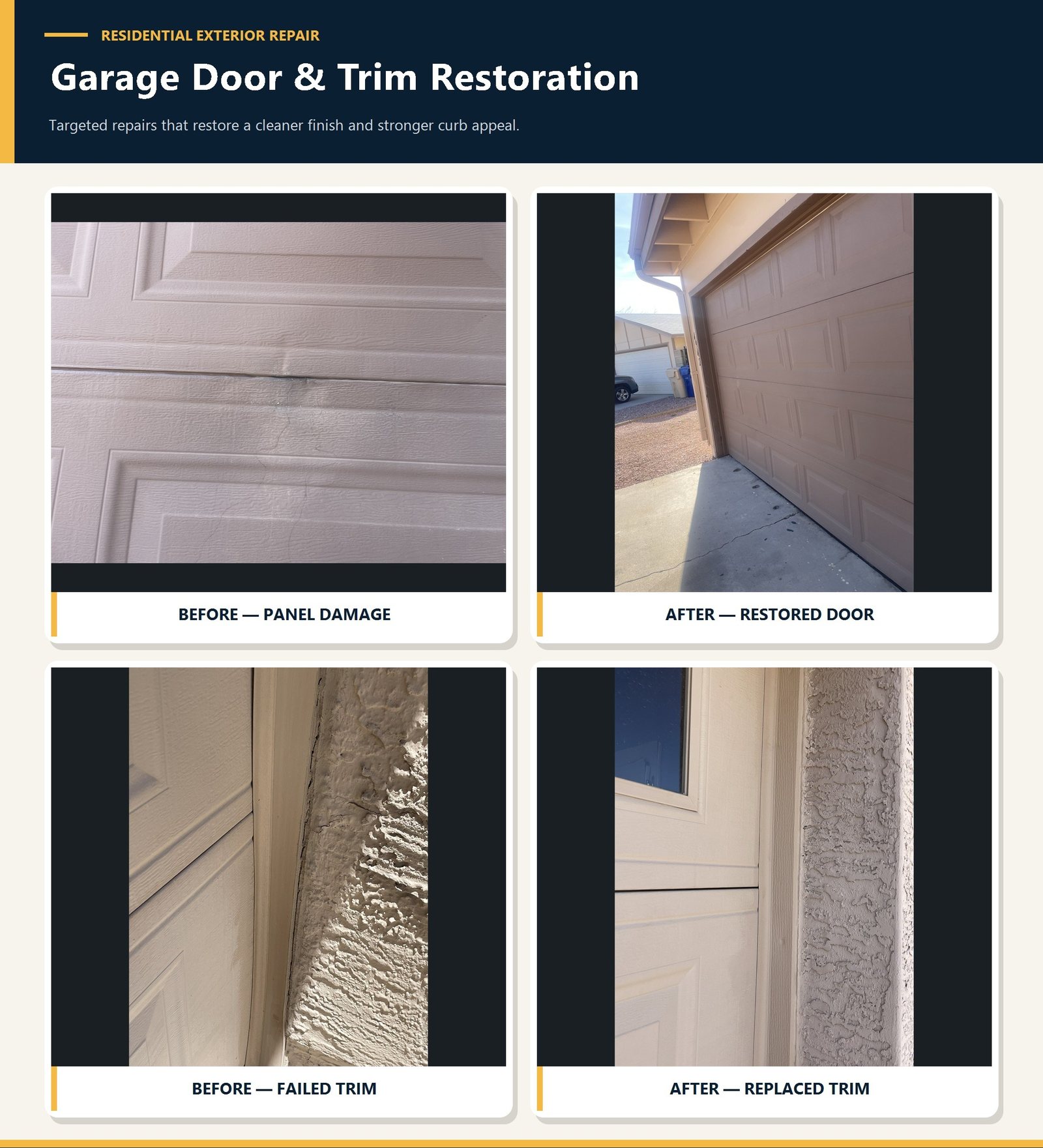 Before and after garage door trim restoration completed by Prime Handyman Service