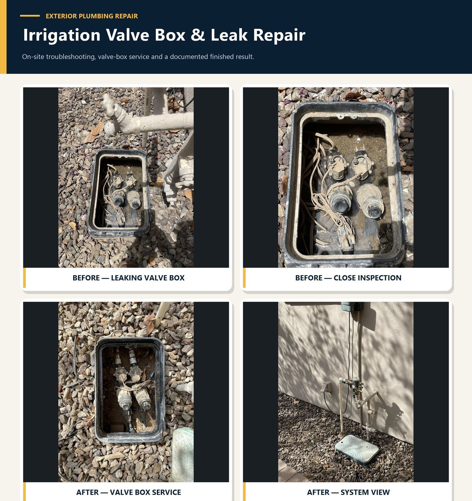 Irrigation valve-box repair before and after project photos